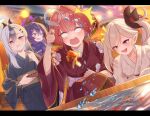  4girls ^^^ alternate_costume aru_(blue_archive) black_flower black_hair black_horns black_kimono blank_eyes blue_archive blue_sky blurry blurry_background bright_pupils broken brown_horns chieru_(pixiv_124058144) commentary_request demon_horns earclip eating festival fish flower food full_mouth goldfish goldfish_scooping gradient_hair grey_halo hair_flower hair_ornament hairclip halo hanging_lantern haruka_(blue_archive) highres holding holding_tray horns japanese_clothes kayoko_(blue_archive) kimono letterboxed long_hair low_horns market_stall motion_blur multicolored_hair multiple_girls mutsuki_(blue_archive) night open_mouth orange_halo outdoors pointy_ears problem_solver_68_(blue_archive) purple_eyes purple_hair purple_horns purple_kimono red_eyes red_hair red_halo red_kimono side_ponytail sky slit_pupils squatting standing summer_festival surprised takoyaki tray two-tone_hair water watermark white_hair white_kimono white_pupils yukata 