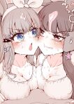  2girls almond_eye_(umamusume) blue_eyes blush breast_press breasts cleavage clenched_teeth commentary_request ear_covers hair_ornament hairband hairclip highres hourai_kochou large_breasts limited_palette long_hair lucky_lilac_(umamusume) multiple_girls open_mouth purple_eyes star_(symbol) star_hair_ornament symbol-shaped_pupils symmetrical_docking teeth umamusume upper_body v-shaped_eyebrows x-shaped_pupils 