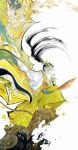  1girl absurdres black_hair floating_hair full_body hakama highres japanese_clothes kimono long_hair original petals ponytail print_kimono shiguretau solo traditional_media two-tone_kimono white_kimono yellow_eyes yellow_hakama yellow_kimono 