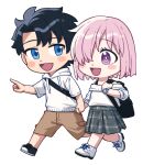  1boy 1girl alternate_costume amami_tokko backpack bag black_bag black_hair black_shoes blue_eyes blush_stickers boots brown_shorts chibi commentary_request drawstring fate/grand_order fate_(series) fujimaru_ritsuka_(male) full_body grey_skirt hair_over_one_eye holding_hands holding_strap hood hood_down hoodie lace-up_boots looking_at_another mash_kyrielight mash_kyrielight_(over_the_same_sky) off-shoulder_shirt off_shoulder open_mouth plaid_clothes plaid_skirt pleated_skirt pointing purple_eyes purple_hair ringed_eyes shirt shoes short_hair short_sleeves shorts simple_background skirt smile three-quarter_sleeves watch white_background white_boots white_hoodie white_shirt wristwatch 