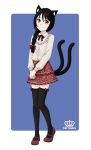  1girl absurdres animal_ears artist_name black_hair black_thighhighs braid braided_ponytail cat_ears cat_girl cat_tail commentary commission english_commentary freckles frilled_shirt_collar frills full_body hair_over_shoulder highres hime_takamura layered_skirt long_sleeves miniskirt multiple_tails original puffy_long_sleeves puffy_sleeves red_shoes red_skirt shoes single_braid skirt smile solo tail thighhighs two_tails watermark yellow_eyes zettai_ryouiki 