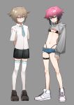  2boys absurdres arms_behind_back before_and_after belt belt_collar black_hair black_shorts blue_necktie brown_hair brown_shoes bulge collar collared_shirt commentary covered_nipples cropped_hoodie crossdressing crossdressing_(mtf) degrees_of_lewdity denim denim_shorts dot_nose feminization full_body fumei20220904 gradient_hair grey_background grey_eyes grey_hoodie hair_flaps highleg highleg_panties highres hood hood_down hoodie linea_alba long_sleeves looking_at_viewer male_focus micro_shorts multicolored_hair multiple_boys navel necktie panties pink_hair player_character_(degrees_of_lewdity) player_character_(male)_(degrees_of_lewdity) puffy_long_sleeves puffy_sleeves shirt shoelaces shoes short_hair short_sleeves shorts sidelocks simple_background skindentation skinny sleeves_past_wrists smile sneakers standing stomach string_bra thigh_belt thigh_strap thighhighs trap underwear white_shirt white_shoes white_thighhighs 