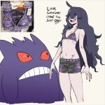  1girl @_@ ahoge alternate_costume arms_at_sides bare_shoulders black_hair boyshort_panties bra breasts character_print colored_sclera commentary cropped_legs english_commentary english_text gengar ghost grid_teeth groin hair_between_eyes hairband happy hex_maniac_(pokemon) hex_maniac_(pokemon_xy) light_frown long_hair looking_at_another navel open_mouth panties poke_ball_print pokemon pokemon_(creature) pokemon_x_and_y print_bra print_panties profanity purple_bra purple_hairband purple_panties purple_trim red_eyes red_sclera reference_inset ribs small_breasts smile standing stomach teeth underwear wanderjegson 