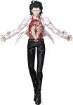  1boy absurdres arms_at_sides bad_source belt belt_buckle black_hair black_pants black_shoes brown_belt buckle chest_tattoo collared_shirt crack evil_grin evil_smile fingernails full_body grin hair_slicked_back highres long_hair looking_at_viewer male_focus michael_roa_valdamjong mystic_eyes_of_death_perception official_art open_clothes open_shirt pale_skin pants red_eyes red_tattoo sharp_fingernails shirt shoes simple_background sleeve_cuffs smile solo standing takeuchi_takashi tattoo transparent_background tsukihime tsukihime_(remake) vampire 