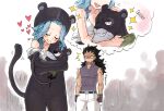  1girl 2boys blue_hair blush carrying carrying_person closed_eyes commentary fairy_tail gajeel_redfox gloves grid_teeth heart hug jealous levy_mcgarden long_hair looking_at_viewer multiple_boys pantherlily pants rusky sleeveless smile sparkle speech_bubble tail thought_bubble whiskers white_pants 