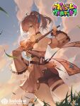  1girl bare_shoulders black_choker black_shorts blue_ribbon braid breasts choker closed_mouth cloud commentary_request day detached_sleeves frilled_sleeves frills from_behind green_eyes grey_hair hair_ribbon half_up_half_down_braid hand_up holding holding_mace holding_weapon hololive hololive_official_card_game juliet_sleeves large_breasts lens_flare long_sleeves looking_at_viewer mace munosuke off-shoulder_shirt off_shoulder official_alternate_costume official_alternate_hairstyle official_art outdoors ponytail puffy_sleeves ribbon shirogane_noel shirogane_noel_(5th_costume) shirt short_hair short_shorts shorts sleeveless sleeveless_shirt smile solo standing thigh_strap virtual_youtuber weapon white_shirt white_sleeves wide_sleeves 