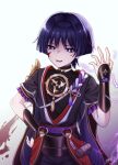  1boy arm_at_side armor black_bodysuit black_kimono black_shorts black_sleeves blunt_ends bodysuit bright_pupils choppy_bangs commentary_request covered_collarbone eyelashes eyeliner fingernails frilled_sleeves frills furisode genshin_impact gold gold_trim hair_intakes hand_on_own_hip hand_up highres japanese_armor japanese_clothes jewelry juban kimono kote kurokote kusazuri layered_sleeves looking_at_viewer lower_teeth_only makeup male_focus mandarin_collar mitsudomoe_(shape) neck_ring o-ring open_hand open_mouth purple_electricity purple_eyes purple_hair purple_rope purple_sash purple_sleeves red_eyeliner red_kimono red_sash rina_sukareltuto rope sash scaramouche_(genshin_impact) scaramouche_(harbinger)_(genshin_impact) shimenawa short_sleeves shorts signature single_sode solo tassel teeth tomoe_(symbol) tongue tsurime twitter_username upper_body white_background white_kimono white_pupils white_rope 