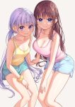  2girls :&gt; :d alternate_hairstyle aqua_shorts arm_support backlighting bangs bare_arms bare_legs bare_shoulders beige_background between_legs blue_eyes blue_shorts blunt_bangs blush breasts brown_hair casual cleavage closed_mouth collarbone dolphin_shorts dot_nose drawstring eyebrows_visible_through_hair feet_out_of_frame furrowed_brow hair_ornament hair_spread_out hairclip hand_between_legs hand_on_own_thigh highres holding_hands invisible_chair large_breasts long_hair looking_at_viewer looking_to_the_side low_twintails midriff_peek mole mole_on_breast multiple_girls new_game! official_art parted_lips pink_tank_top ponytail purple_eyes purple_hair scrunchie shade shiny shiny_skin short_shorts shorts sidelocks simple_background sitting sleeveless smile squinting straight_hair suzukaze_aoba takimoto_hifumi tank_top thighs tokunou_shoutarou twintails very_long_hair wrist_scrunchie yellow_scrunchie yellow_tank_top 