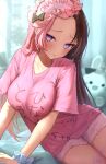  1girl absurdres arm_support artist_name blue_bow blue_eyes blue_scrunchie blush bow breast_press breasts brown_hair character_name closed_mouth commentary dated forehead highres indoors jewelry large_breasts long_hair looking_at_viewer mask mask_on_head morning multicolored_hair naikon necklace on_bed pink_hair pink_shirt pout print_shirt raised_inner_eyebrows scrunchie shirt short_shorts short_sleeves shorts signature sitting sleep_mask sleepwear solo stuffed_toy t-shirt tachibana_hinano tachibana_hinano_(5th_costume) two-tone_hair virtual_youtuber vspo! wrist_scrunchie 