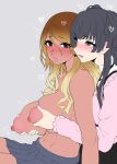  2girls :o absurdres black_hair blonde_hair blush breast_grab breast_hold breast_squeeze breasts brown_eyes dark-skinned_female dark_skin frills from_behind grabbing groping highres idolmaster idolmaster_shiny_colors izumi_mei large_breasts mayuzumi_fuyuko mizuumi_(bb) multiple_girls navel nipples open_mouth skirt tan topless upper_body 