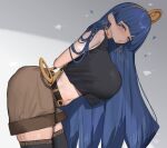  1girl 258n alternate_costume black_shirt black_thighhighs blue_eyes blue_hair breasts brown_shorts crop_top earrings facial_mark gold_headdress highres jewelry key_earrings large_breasts leaning_forward looking_at_viewer michigami_nareko midriff navel shirt shorts skindentation sleeveless sleeveless_shirt solo thighhighs thighs touhou triangle triangle_facial_mark 