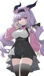  1girl absurdres arknights arknights:_endfield black_hairband black_horns black_shorts black_thighhighs breasts chinese_commentary closed_mouth commentary_request cowboy_shot detached_sleeves dress drill_hair hairband happy05x highres horns large_breasts long_hair looking_at_viewer making-of_available pink_sleeves purple_hair red_eyes shorts simple_background sleeveless sleeveless_dress solo standing straight-on thighhighs typhoeus_(arknights) typhon_(arknights) white_background 