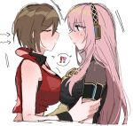  ! !? 2girls ? arrow_(symbol) bare_shoulders black_shirt breast_press breasts brown_hair closed_eyes commentary cropped_jacket headset highres inconvenient_breasts jacket kusuri015 long_hair looking_at_another megurine_luka meiko_(vocaloid) meiko_(vocaloid3) multiple_girls pink_hair red_jacket see-through_clothes see-through_sleeves shared_speech_bubble shirt short_hair sleeveless sleeveless_jacket smile speech_bubble spoken_exclamation_mark spoken_question_mark symmetrical_docking vocaloid white_background yuri 