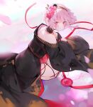  1girl bare_shoulders black_kimono brown_hairband closed_mouth commentary cup dema_hmw flower from_behind hair_flower hair_ornament hairband highres hololive hololive_english japanese_clothes kimono long_sleeves looking_at_viewer looking_back mori_calliope off_shoulder petals pink_flower pink_hair red_eyes sakazuki smile solo squatting virtual_youtuber wide_sleeves 