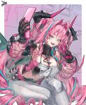  1girl absurdres arknights arknights:_endfield black_horns blue_eyes breasts cellphone commentary crop_top detached_sleeves dragon_girl dragon_horns dragon_tail flip_phone gloves green_tail grey_pants hair_intakes hair_on_horn highres holding holding_phone horns jis_3535 large_breasts long_hair multicolored_gloves multicolored_hair multicolored_horns navel open_mouth pants phone pink_gloves pink_hair pink_horns pink_sleeves pointy_ears solo streaked_hair tail teeth two-sided_gloves two-tone_gloves two-tone_horns v yvonne_(arknights) 