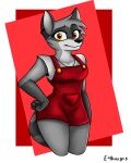  absurd_res alice_rakoon anthro clothing curvy_figure e4hargus ear_piercing eyebrows female gloves_(marking) hand_on_hip hi_res looking_at_viewer mammal markings overalls piercing procyonid raccoon raised_eyebrow red_clothing short_sleeves simple_background smile smiling_at_viewer solo topwear v-neck 