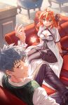  1boy 1girl ahoge arm_up black_bow black_gloves black_pants black_pantyhose black_shoes black_skirt black_socks black_trim bow breasts chair chaldea_logo cleavage closed_mouth collared_shirt collared_shrug commentary_request couch dress dress_bow earrings empire_waist fate/grand_order fate_(series) figure_four_sitting fujimaru_ritsuka_(female) fujimaru_ritsuka_(female)_(fgo_fes._2025) gloves green_vest grey_hair hair_bow hair_ornament highres indoors jewelry long_sleeves looking_at_viewer looking_back medium_hair necklace on_couch one_side_up orange_hair overskirt pants pantyhose parted_lips print_vest saitou_hajime_(celebratory_attire)_(fate) saitou_hajime_(fate) see-through_clothes see-through_sleeves shirt shoes short_sleeves shrug_(clothing) sitting skirt smile socks star_(symbol) star_earrings star_hair_ornament star_necklace underbust uni_(nico02) vest white_dress white_shirt white_shrug yellow_eyes 