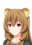  1girl animal_ear_fluff animal_ears black_dress brown_eyes brown_hair child closed_mouth collarbone commentary dress grey_dress hair_between_eyes layered_dress long_hair looking_ahead portrait qingwa_fu_luo raccoon_ears raccoon_girl raphtalia raphtalia_(young) red_dress simple_background smile solo split_mouth straight_hair tanuki tate_no_yuusha_no_nariagari two-tone_dress white_background 