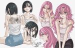  2girls alien_stage black_hair bob_cut closed_eyes green_eyes hair_between_eyes highres jikasei long_hair looking_at_viewer mizi_(alien_stage) multiple_girls pink_hair purple_eyes short_hair smile sua_(alien_stage) tattoo thick_eyebrows 