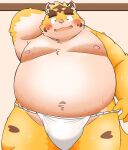  2022 anthro asian_clothing belly blush clothing east_asian_clothing felid fundoshi hi_res humanoid_hands japanese_clothing kemono male mammal moobs navel nipples overweight overweight_male pantherine pink_nose puss3250 solo tiger underwear white_clothing white_fundoshi white_underwear yellow_body 