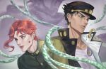  2boys earrings gakuran green_eyes hat hierophant_green jewelry jojo_no_kimyou_na_bouken kakyoin_noriaki kankito kujo_jotaro multiple_boys pink_hair purple_eyes red_hair school_uniform stand_(jojo) star_platinum stardust_crusaders tentacles 