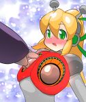  1girl :d aged_up android antennae armor arms_up blonde_hair bodysuit breast_missiles breastplate breasts buta_otoko clenched_hands commentary_request double-parted_bangs earphones eyes_visible_through_hair full_body gorget grabbing_another's_breast gradient_background green_eyes green_ribbon grey_bodysuit groping hair_between_eyes hair_ribbon hairband headphones high_ponytail highres hyper_roll_(marvel_vs._capcom) joints large_breasts large_variant_set long_hair looking_at_viewer marvel_vs._capcom marvel_vs._capcom_2 mechanical_arms mega_man_(classic) mega_man_(series) metal_gloves navel open_mouth ponytail radio_antenna red_armor ribbon robot robot_girl robot_joints roll_(mega_man) shoulder_armor sidelocks simple_background smile solo standing sweatdrop upper_body variant_set 