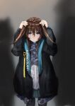  1girl absurdres amiya_(arknights) animal_ears arknights ascot black_jacket black_pantyhose blue_ascot blue_eyes blue_skirt brown_hair commentary_request dot_nose ears_down fuyunoyuki hand_on_own_head highres jacket jewelry long_hair long_sleeves looking_at_viewer multiple_rings open_clothes open_jacket pantyhose plaid_clothes plaid_skirt rabbit_ears rabbit_girl ring ring_on_every_finger skirt smile solo straight-on 