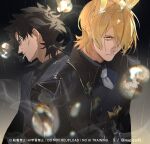  2boys animal_ears arknights beard_stubble behind_another black_coat black_eyes black_hair black_jacket black_necktie black_shirt blonde_hair blue_shirt cigarette closed_mouth coat collared_shirt commentary_request emiya_kiritsugu expressionless facial_hair fate/zero fate_(series) hair_over_one_eye horse_boy horse_ears jacket male_focus messy_hair mlynar_(arknights) multiple_boys necktie one_eye_covered rain shirt short_hair smoke smoking stubble twitter_username upper_body wagaya43 water_drop white_necktie yellow_eyes 