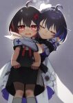  2girls aged_down ahoge black_dress blue_hair closed_eyes closed_mouth colored_inner_hair commentary_request crying crying_with_eyes_open dress dress_flower dual_persona elbow_gloves flower gloves grey_background hair_flower hair_ornament highres honkai_(series) honkai_impact_3rd hug hug_from_behind konnyaku_kyuudai multicolored_hair multiple_girls open_mouth red_flower red_hair seele_(alter_ego) seele_vollerei seele_vollerei_(stygian_nymph) short_hair smile tears time_paradox white_dress white_flower white_gloves 