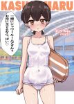  1girl absurdres blush breasts character_name commentary_request highres holding_kickboard indoors kantai_collection kasuga_maru_(kancolle) kickboard kitahama_(siroimakeinu831) long_hair looking_at_viewer one-hour_drawing_challenge one-piece_swimsuit pool school_swimsuit solo swimsuit text_background twitter_username white_one-piece_swimsuit 