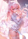  1girl :d absurdres between_breasts blue_eyes blue_hair breasts cleavage cleavage_cutout clothing_cutout commentary_request crossed_bangs double-parted_bangs frilled_leotard frilled_sleeves frills garter_straps gradient_hair hair_between_eyes hands_up highres indie_virtual_youtuber juliet_sleeves large_breasts leg_warmers leotard long_hair long_sleeves looking_at_viewer multicolored_hair nekoya_(nekodayo_22) nun_headdress open_mouth pink_hair puffy_sleeves red_eyes sidelocks smile solo strap_between_breasts teeth thighhighs upper_teeth_only vera_(vtuber) white_leg_warmers white_sleeves white_thighhighs wide_sleeves 