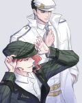  2boys adapted_costume alternate_costume black_hair cabbie_hat diamond_wa_kudakenai earrings hat jewelry jojo_no_kimyou_na_bouken kakyoin_noriaki kankito kujo_jotaro male_focus multiple_boys necktie plaid purple_eyes red_hair 