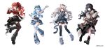  4girls absurdres akane_lize animal_ears arahashi_tabi arm_warmers armpits black_boots black_garter_straps black_hair black_hat black_pantyhose black_shoes black_skirt black_thighhighs blonde_hair blue_eyes blue_hair boots cat_ears cat_girl cat_tail commentary_request datsha extra_ears full_body garter_straps grey_eyes grey_hair grey_leg_warmers grey_skirt hat highres leg_warmers long_hair long_sleeves looking_at_viewer midriff mole mole_on_cheek multicolored_hair multiple_girls neneko_mashiro open_mouth pantyhose parted_lips red_eyes red_hair red_shirt red_socks shirayuki_hina shirt shoes simple_background skirt smile socks standing standing_on_one_leg stellive striped_arm_warmers striped_clothes striped_shirt striped_thighhighs sweater tail thighhighs torn_clothes torn_pantyhose very_long_hair virtual_youtuber white_background white_hair white_leg_warmers white_shirt white_shoes white_thighhighs zettai_ryouiki 