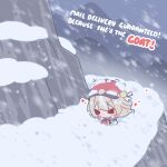  >_< 1girl :< absurdres bag black_gloves blonde_hair chibi chibi_only cold commentary decrilus double-parted_bangs gloves goat_girl hat heart highres holding holding_bag hololive jacket long_hair motion_lines mountain multicolored_hair newsboy_cap outdoors pun red_hair red_hat red_jacket red_streaks snow snow_on_clothes snow_on_head snowing solo streaked_hair suzuna_tsuzuri trembling untranslatable_commentary virtual_youtuber white_hair white_streaks 
