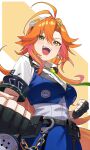  1girl blue_vest breasts collared_shirt commentary_request cropped_vest cuffs earrings fingerless_gloves gloves goggles goggles_on_head green_eyes green_necktie highres hololive hyakuto_kyoko jewelry lightning_bolt_earrings lightning_bolt_symbol long_hair mole mole_under_eye multicolored_hair necktie orange_hair pink_hair police police_uniform policewoman shirt short_sleeves smile solo tokumaro vest virtual_youtuber white_shirt 
