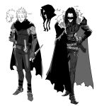  2boys armor bandaged_torso belt boots cape character_name character_request commentary_request cropped_head dagger earrings elbow_gloves fantasy fingerless_gloves full_body fur-trimmed_cape fur_trim gloves hand_on_own_hip hand_on_weapon harten highres holding holding_dagger holding_knife holding_weapon jewelry jun_(navigavi) knife knife_sheath long_hair looking_to_the_side male_focus multiple_boys multiple_views pants parted_lips pauldrons profile reference_sheet scabbard sheath sheathed shirt short_hair short_sword shoulder_armor simple_background single_pauldron sketch smile smirk standing sword tank_top tight_clothes tight_shirt toned toned_male translation_request weapon white_background 