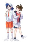  100backji 1boy 1girl :o black_hair breast_pocket brown_eyes brown_hair collared_shirt commentary_request cosplay costume_switch hand_up hat highres jacket juliana_(pokemon) kieran_(pokemon) knees korean_commentary necktie orange_necktie orange_shorts pocket pokemon pokemon_scarlet_and_violet red_shirt shirt shoes short_sleeves shorts simple_background sleeveless sleeveless_shirt sleeves_past_wrists socks standing white_background white_jacket white_shirt white_shoes white_shorts white_socks 