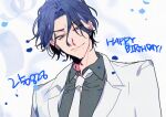  1boy black_shirt blue_hair closed_mouth ear_piercing happy_birthday jacket jibdrx2 kanbayashi_yohei male_focus mole mole_under_mouth necktie paradox_live piercing shirt short_hair simple_background smile white_background white_jacket white_necktie yellow_eyes 
