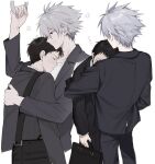  2boys black_hair black_jacket black_suit closed_mouth commentary_request couple dress_shirt exhausted grey_hair hand_grip highres holding holding_hand_grip holding_suitcase ikari_shinji jacket male_focus multiple_boys multiple_views nagisa_kaworu neon_genesis_evangelion oshio_(baniniwana) rebuild_of_evangelion red_eyes shirt short_hair simple_background sleeping sleeping_on_person standing suit suit_jacket suit_pants suitcase white_background yaoi zzz 