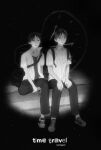  ._sa_(yongjeonsa) 2boys absurdres analog_clock backpack bad_id bad_twitter_id bag clock collared_shirt commission english_text fang figure_four_sitting film_grain full_body greyscale highres looking_at_viewer male_focus monochrome multiple_boys open_clothes open_mouth open_shirt original pants school_uniform shirt shoes short_hair short_sleeves shoulder_bag side-by-side sitting sitting_on_stairs sneakers stairs star_(sky) starry_sky_background undershirt 