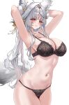  1girl absurdres animal_ear_fluff animal_ears armpits arms_behind_head black_bra black_panties blush bra breasts chest_tattoo cleavage commentary facial_mark forehead_mark fox_ears fox_girl fox_tail grey_hair grin highres hsin_(wuthering_waves) huge_breasts lace-trimmed_bra lace-trimmed_panties lace_trim long_hair navel panties parted_bangs red_eyes simple_background smile solo stomach tail tattoo theory_(oortcloud1111) underwear underwear_only very_long_hair wuthering_waves 