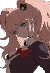  1girl :o ai-generated backlighting bear_hair_ornament black_bra black_shirt blonde_hair bow bra breasts cleavage collared_shirt commentary danganronpa:_trigger_happy_havoc danganronpa_(series) enoshima_junko from_side grey_eyes hair_ornament highres jaydamon lace-trimmed_bra lace_trim large_breasts long_hair looking_at_viewer looking_to_the_side necktie red_bow red_bra shirt sidelocks simple_background solo twintails two-tone_bra underwear upper_body white_background white_necktie white_shirt 