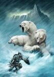  armor bear commentary_request fangs fantasy helmet highres horns hydra mace monster muscular muscular_male open_mouth order99_(creature) original outdoors polar_bear shield single_horn snow weapon 