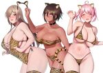  3girls absurdres amano_don animal_ears animal_print bangs bare_shoulders bikini blue_eyes blush breasts brown_hair cleavage closed_eyes collarbone dark-skinned_female dark_skin grin hair_ornament hairclip hands_up highleg highleg_swimsuit highres large_breasts long_hair looking_at_viewer micro_bikini mole mole_under_mouth multiple_girls navel one-piece_swimsuit open_mouth orange_legwear orange_swimsuit original pink_hair purple_eyes short_hair short_twintails simple_background skindentation smile swept_bangs swimsuit thighhighs thighs tiger_ears tiger_print twintails 