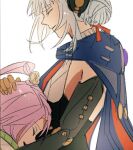  2girls aino_(genshin_impact) armor black_armor black_dress blue_cloak blunt_bangs child cloak closed_eyes dress floating_hair from_side genshin_impact green_jacket grey_hair hair_bun hair_ornament hair_ribbon hand_on_another's_head happy headpat headphones highres ineffa_(genshin_impact) innagaja jacket long_hair mechanical_arms multiple_girls open_clothes pink_hair red_ribbon ribbon short_hair sidelocks simple_background sleeveless sleeveless_dress smile social_media_composition standing topknot upper_body white_background 