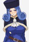  1girl absurdres bilingual_commentary blue_dress blue_hair breasts buckle commentary cossack curly_hair dress fairy_tail hat highres juvia_lockser large_breasts looking_at_viewer mixed-language_commentary moonstosky official_alternate_costume solo teruterubouzu 