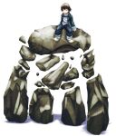  1boy child closed_eyes commentary_request goggles goggles_around_neck golem jacket male_focus open_clothes open_jacket original pants rock shoes showmo signature simple_background sitting sleeves_past_wrists solo white_background white_shoes 