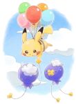  balloon brown_eyes closed_mouth cloud commentary_request day drifloon floating highres looking_down no_humans oniwa_nwai outdoors pikachu pokemon pokemon_(creature) 