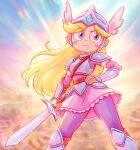  1girl arm_at_side arm_guards armor armored_boots backlighting blonde_hair blue_hair boots breastplate breasts closed_mouth commentary dress english_commentary eyelashes eyes_visible_through_hair feet_out_of_frame floating_hair hand_on_own_hip heart_cheeks helmet highres holding holding_sword holding_weapon knee_boots legs_apart long_hair looking_to_the_side markings_on_cheeks narrow_waist outdoors pants parted_bangs pink_dress princess purple_pants rb-gs serious short_dress shoulder_armor small_breasts solo standing star_butterfly star_vs_the_forces_of_evil sword tight_clothes tight_pants toon_(style) weapon winged_helmet 
