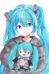  1girl alternate_costume aqua_eyes aqua_hair artist_name character_and_character_item character_doll commentary doll fuwapuchi grey_hoodie hatsune_miku highres holding holding_doll hood hoodie looking_at_viewer self-upload simple_background skellychan smile stuffed_toy upper_body vocaloid watermark 